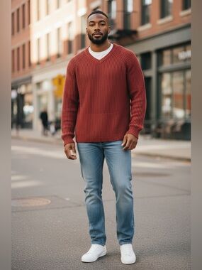 Lucky Brand Mens Red V Neck Pullover Rib Knit Sweater Size XL